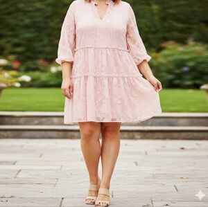 Eloquii Mini Pink Chiffon Tiered Ruffle Dress with Bow Neck Long Sleeve Boho